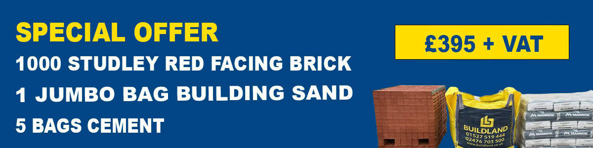 Get our builders bundle of 1000 bricks, 5 bags of cement and 1 jumbo bag of sand for £395 + vat